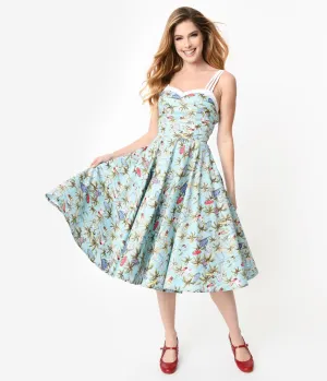 1950s Light Blue & Retro Tropical Print Candy Swing Dress