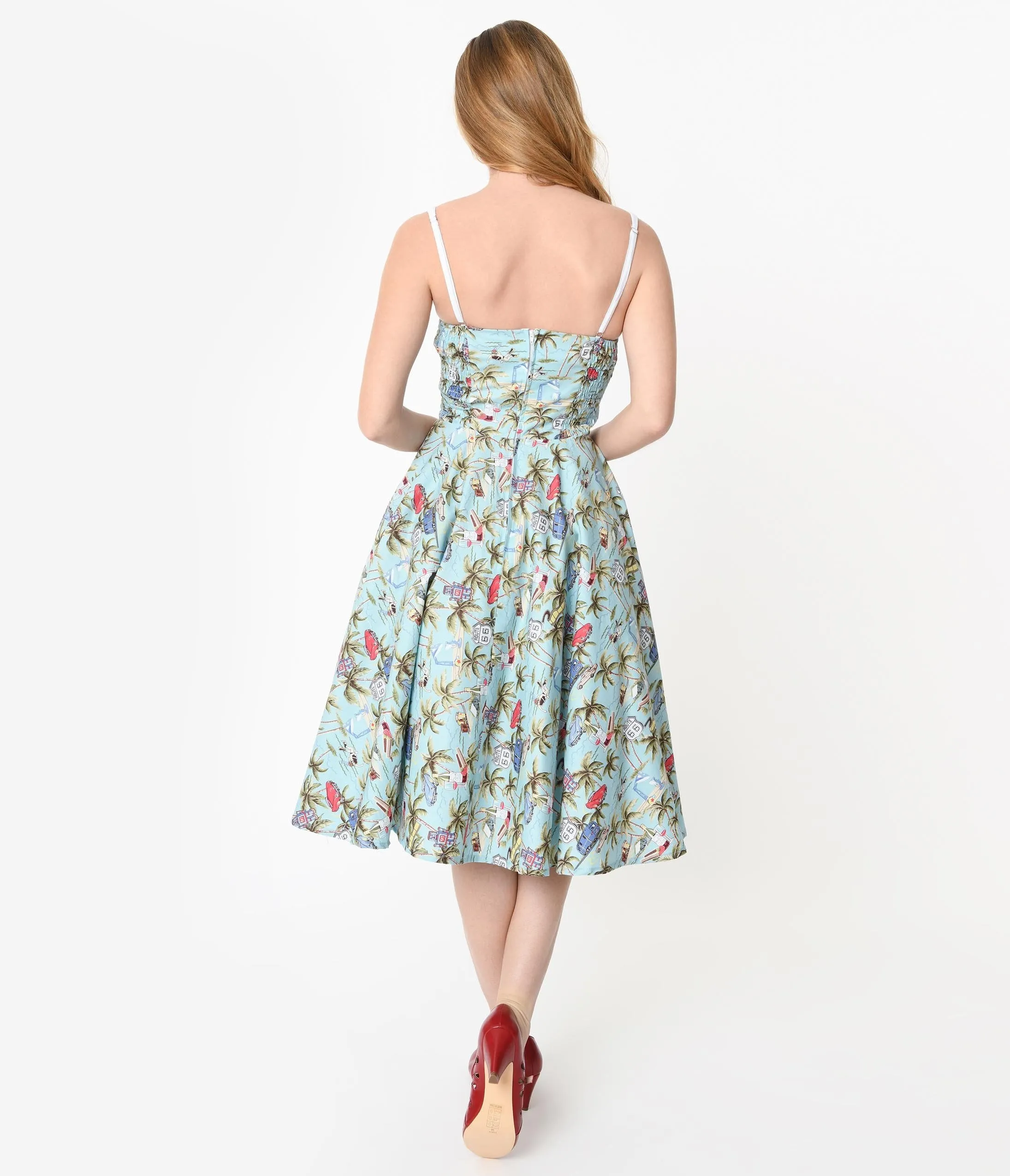 1950s Light Blue & Retro Tropical Print Candy Swing Dress