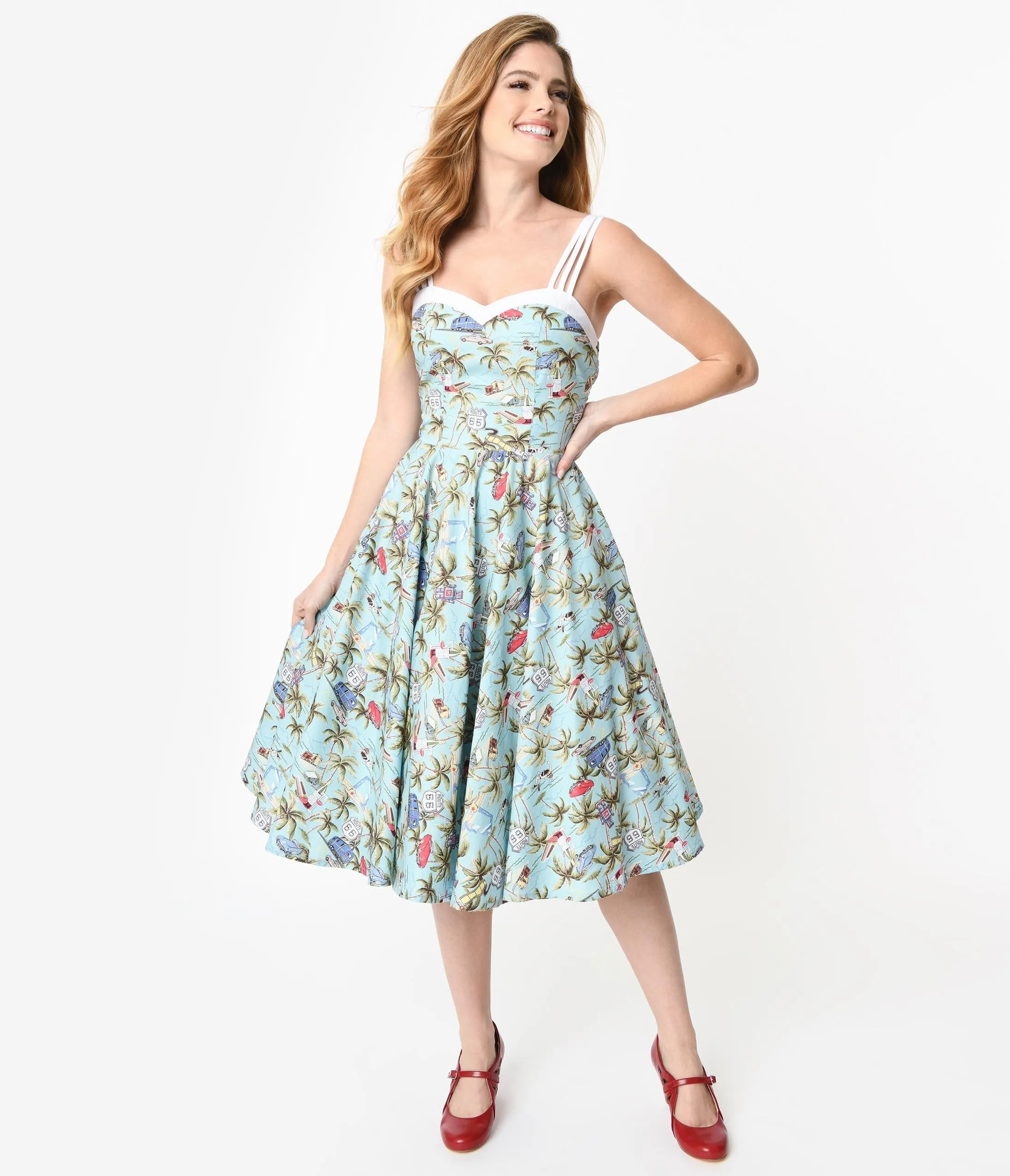 1950s Light Blue & Retro Tropical Print Candy Swing Dress