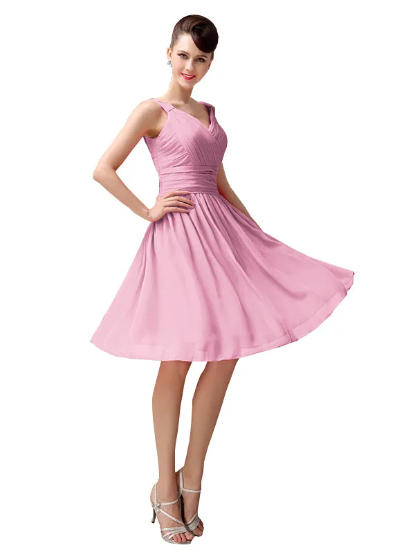 A-line Chiffon V-Neck Knee-Length Short Bridesmaid Dresses