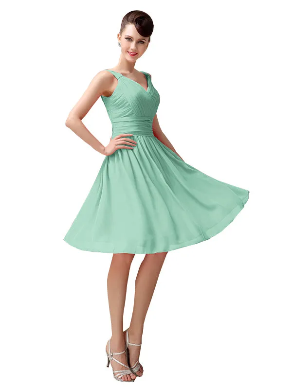 A-line Chiffon V-Neck Knee-Length Short Bridesmaid Dresses