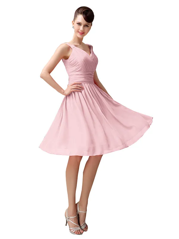 A-line Chiffon V-Neck Knee-Length Short Bridesmaid Dresses