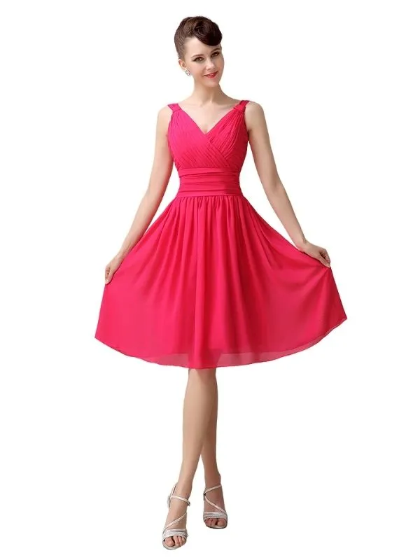 A-line Chiffon V-Neck Knee-Length Short Bridesmaid Dresses