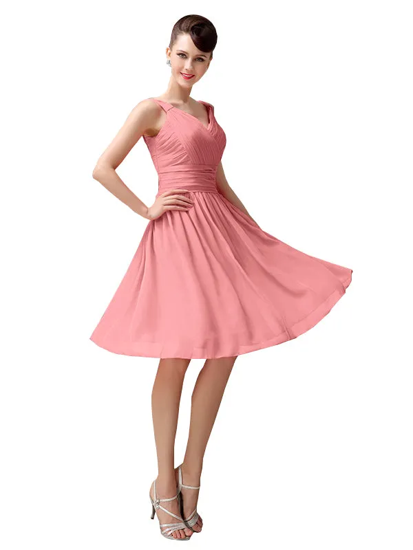 A-line Chiffon V-Neck Knee-Length Short Bridesmaid Dresses