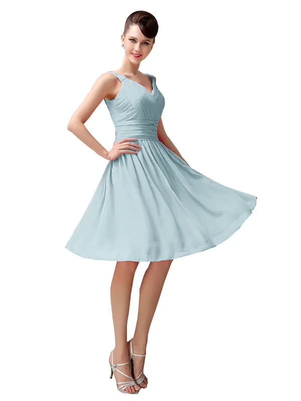 A-line Chiffon V-Neck Knee-Length Short Bridesmaid Dresses