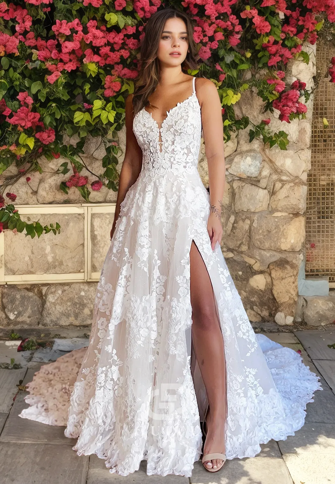 A-Line V Neck Straps Sleeveless Fully Lace Beach Wedding Dress with Slit and Train