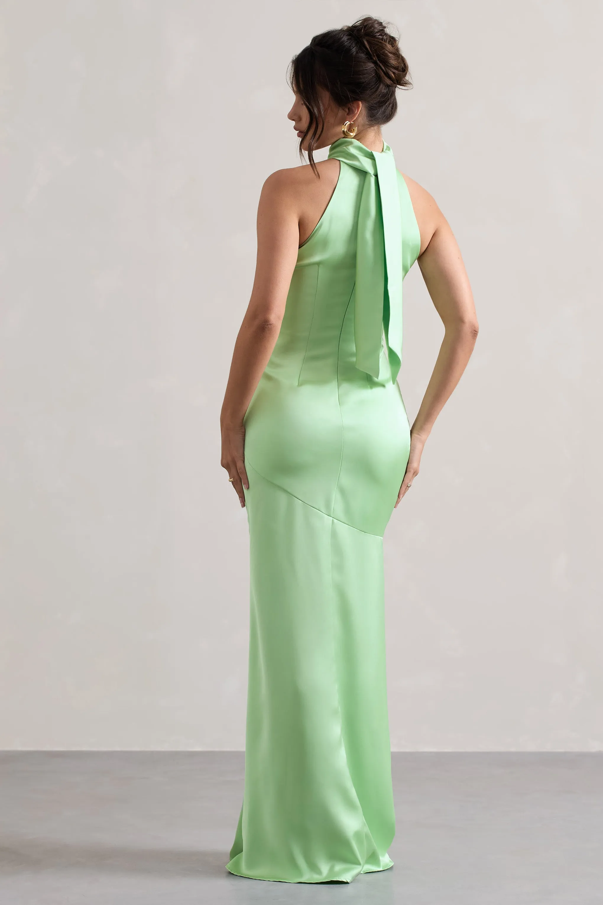 Adoria | Light Green Satin High-Neck Maxi Dress