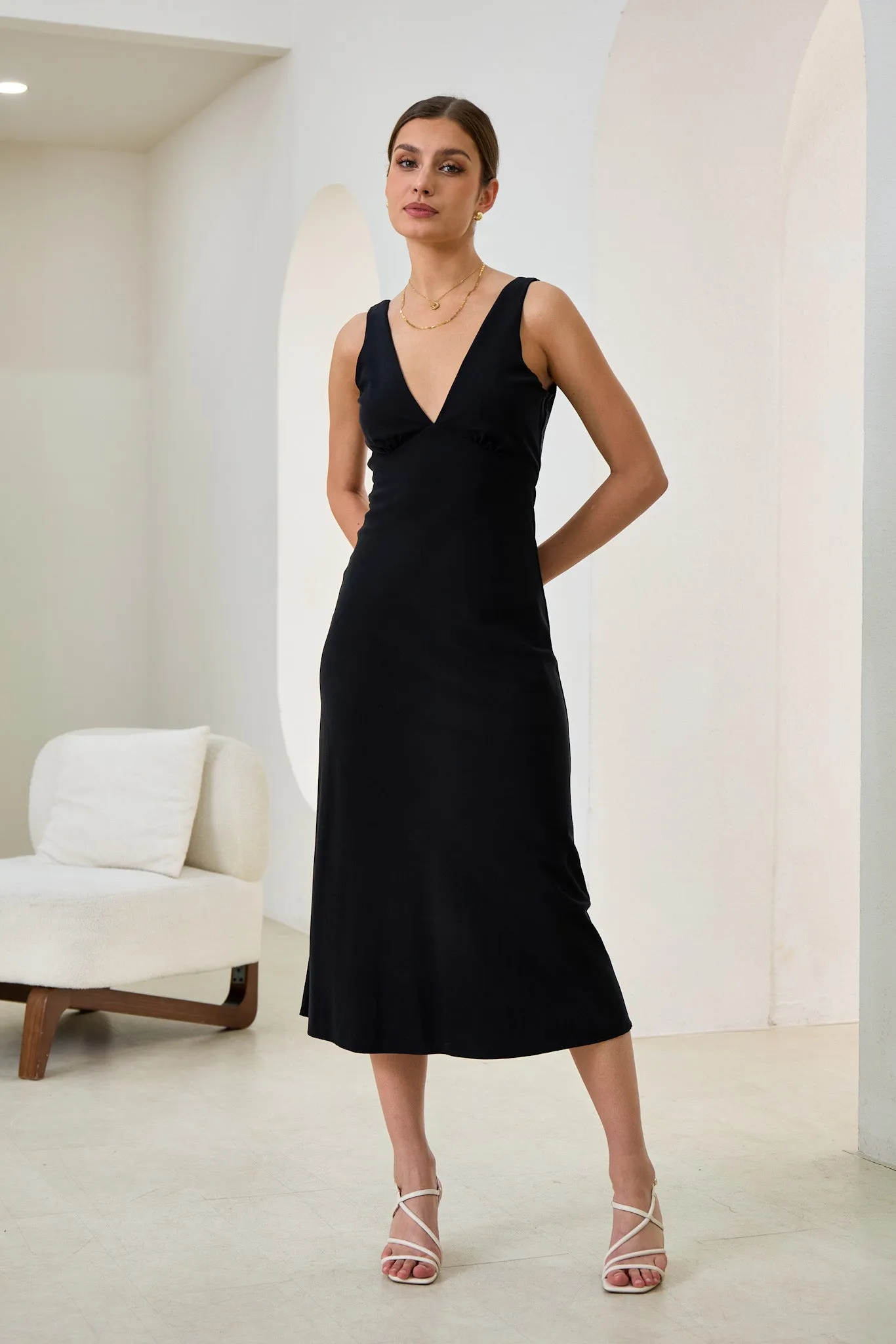 Aeisha Black Cupro Bias Midi Dress