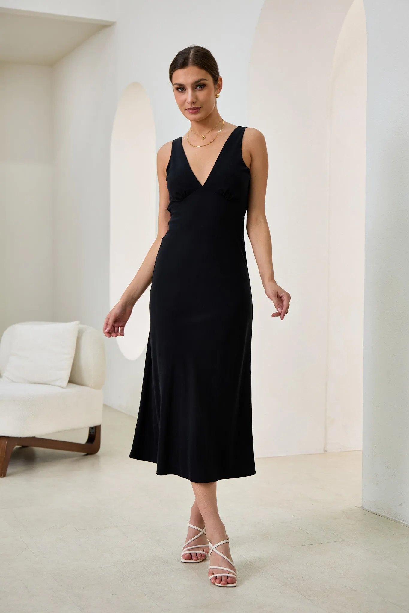 Aeisha Black Cupro Bias Midi Dress