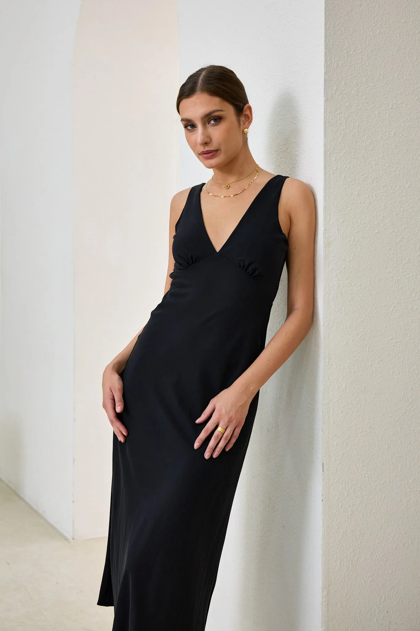 Aeisha Black Cupro Bias Midi Dress