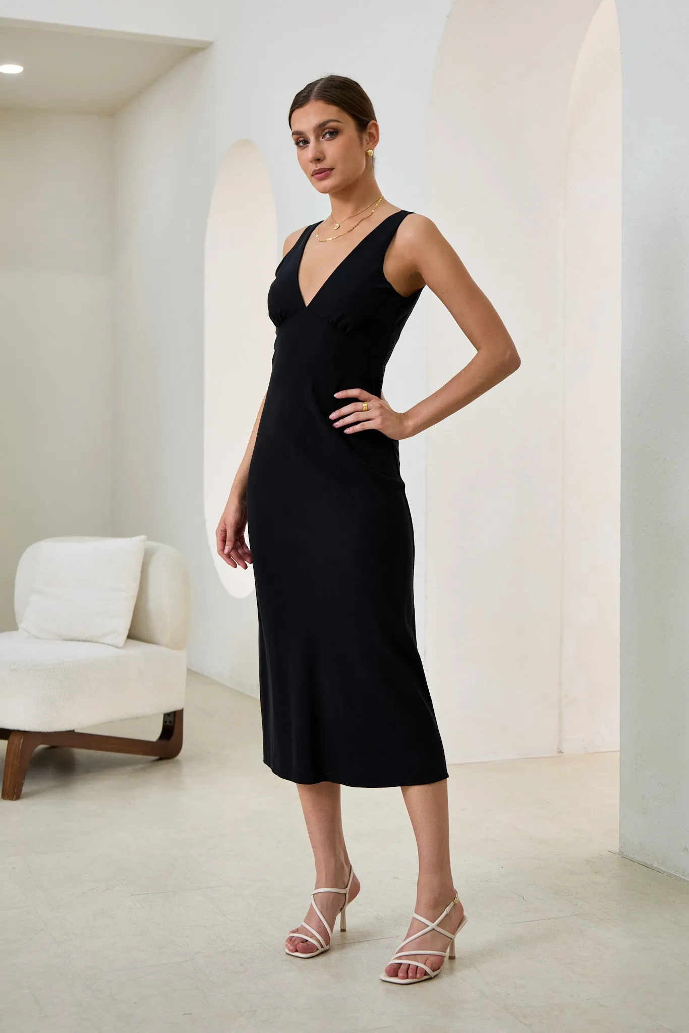 Aeisha Black Cupro Bias Midi Dress