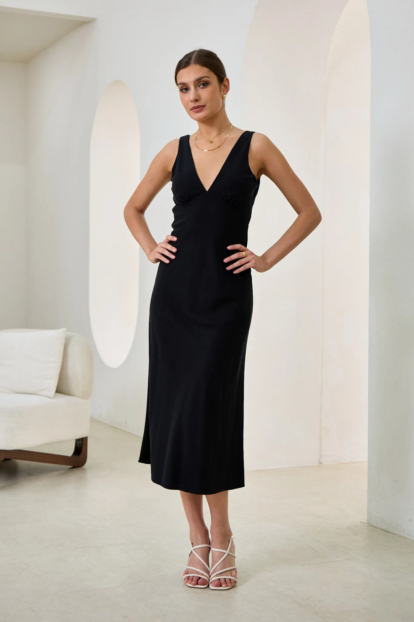 Aeisha Black Cupro Bias Midi Dress