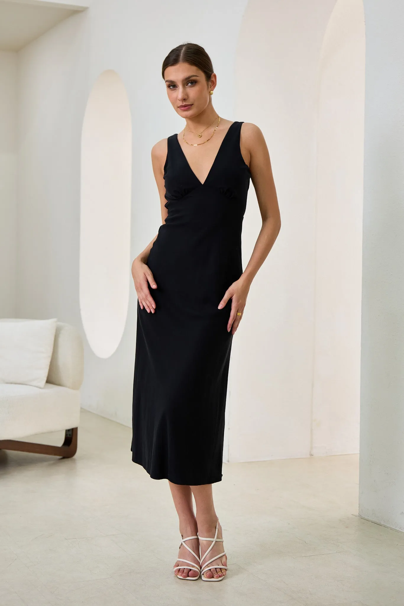 Aeisha Black Cupro Bias Midi Dress