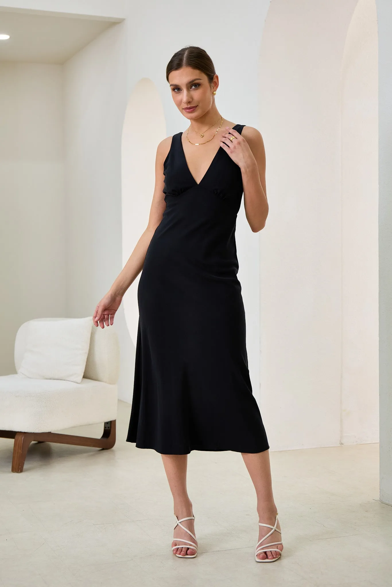 Aeisha Black Cupro Bias Midi Dress