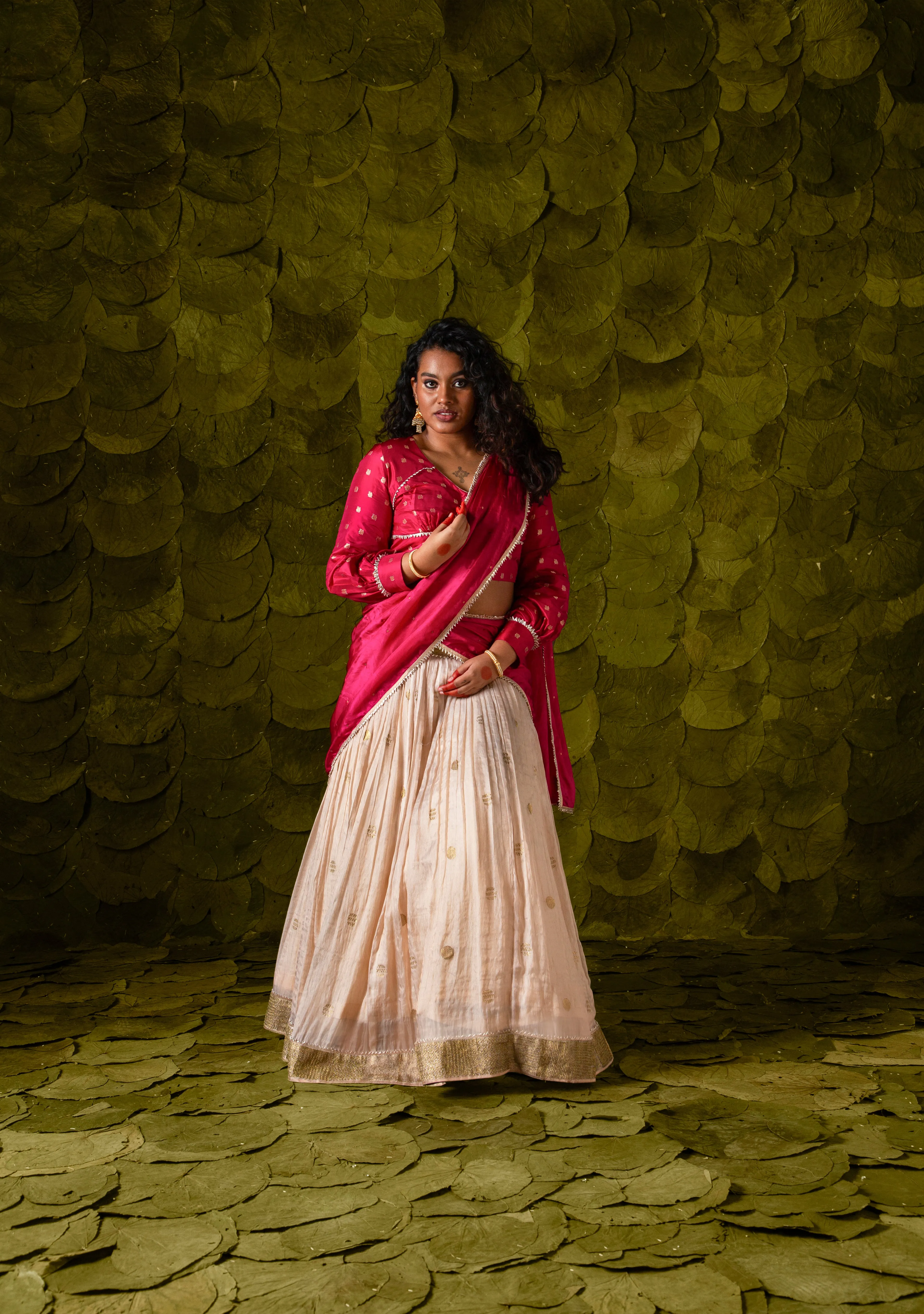 Aṭṭige (ಅತ್ತಿಗೆ) Lehenga in Sangria Pink and Rose Dust Off-White