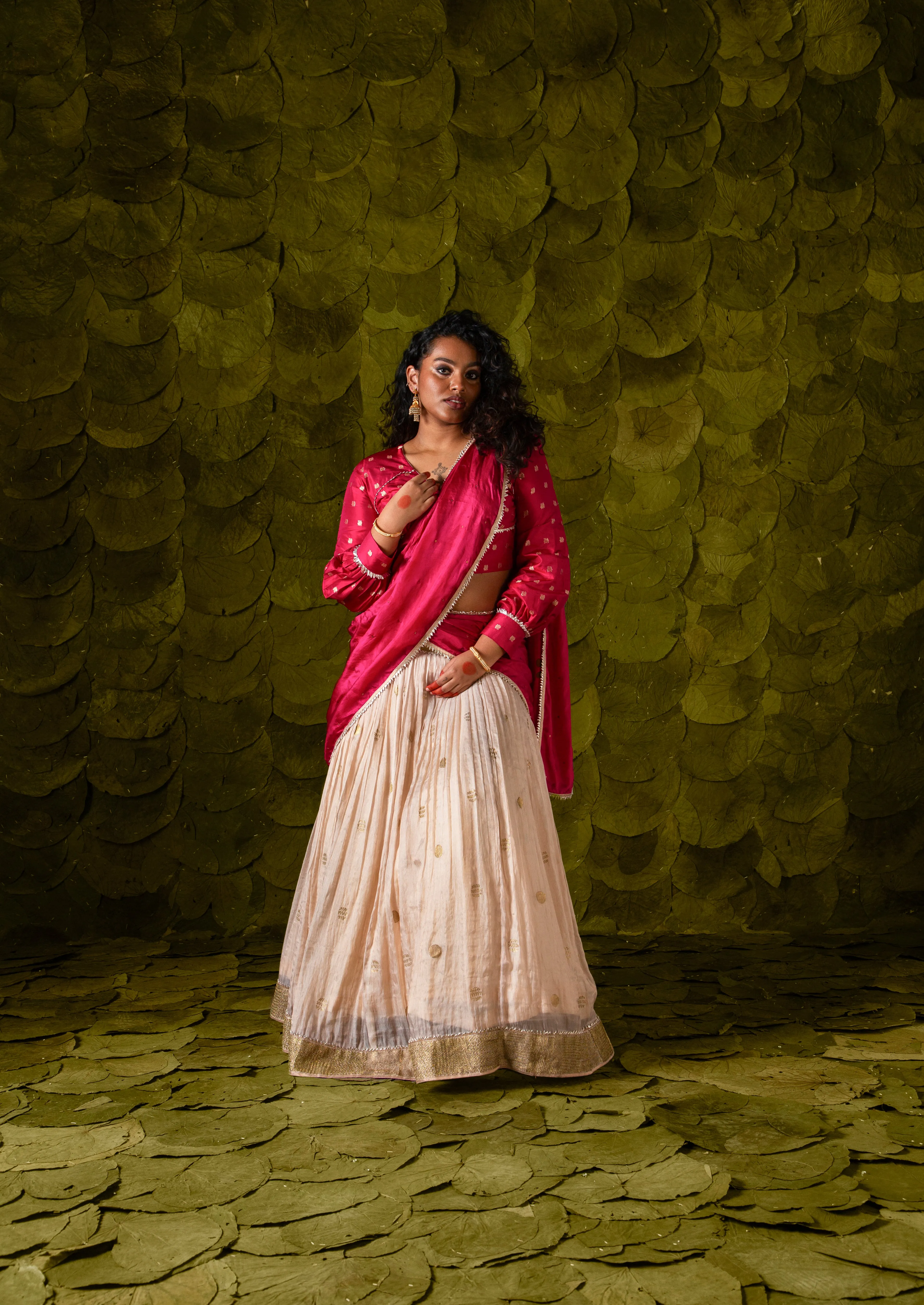 Aṭṭige (ಅತ್ತಿಗೆ) Lehenga in Sangria Pink and Rose Dust Off-White