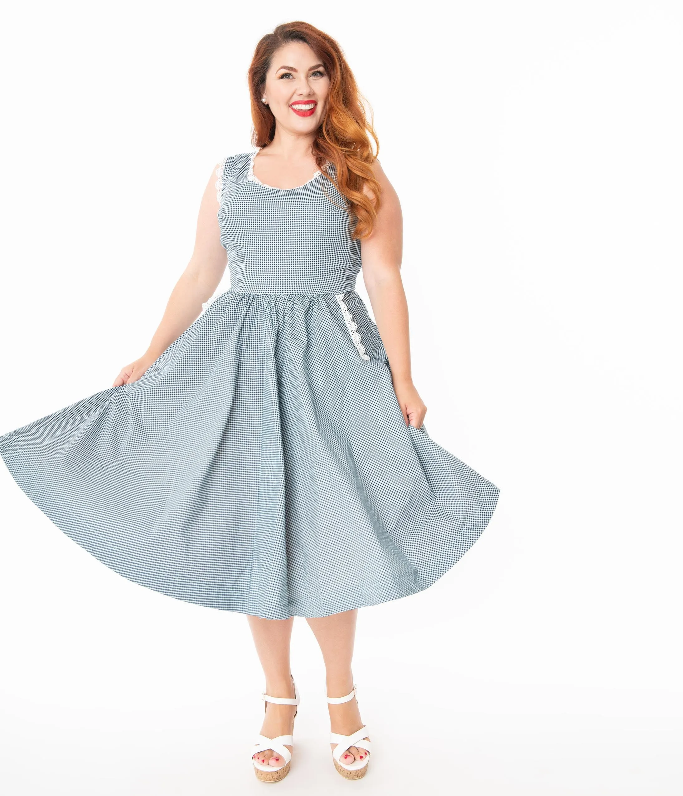 Barbie x Unique Vintage Plus Size Navy Gingham Barbie-Q Swing Dress