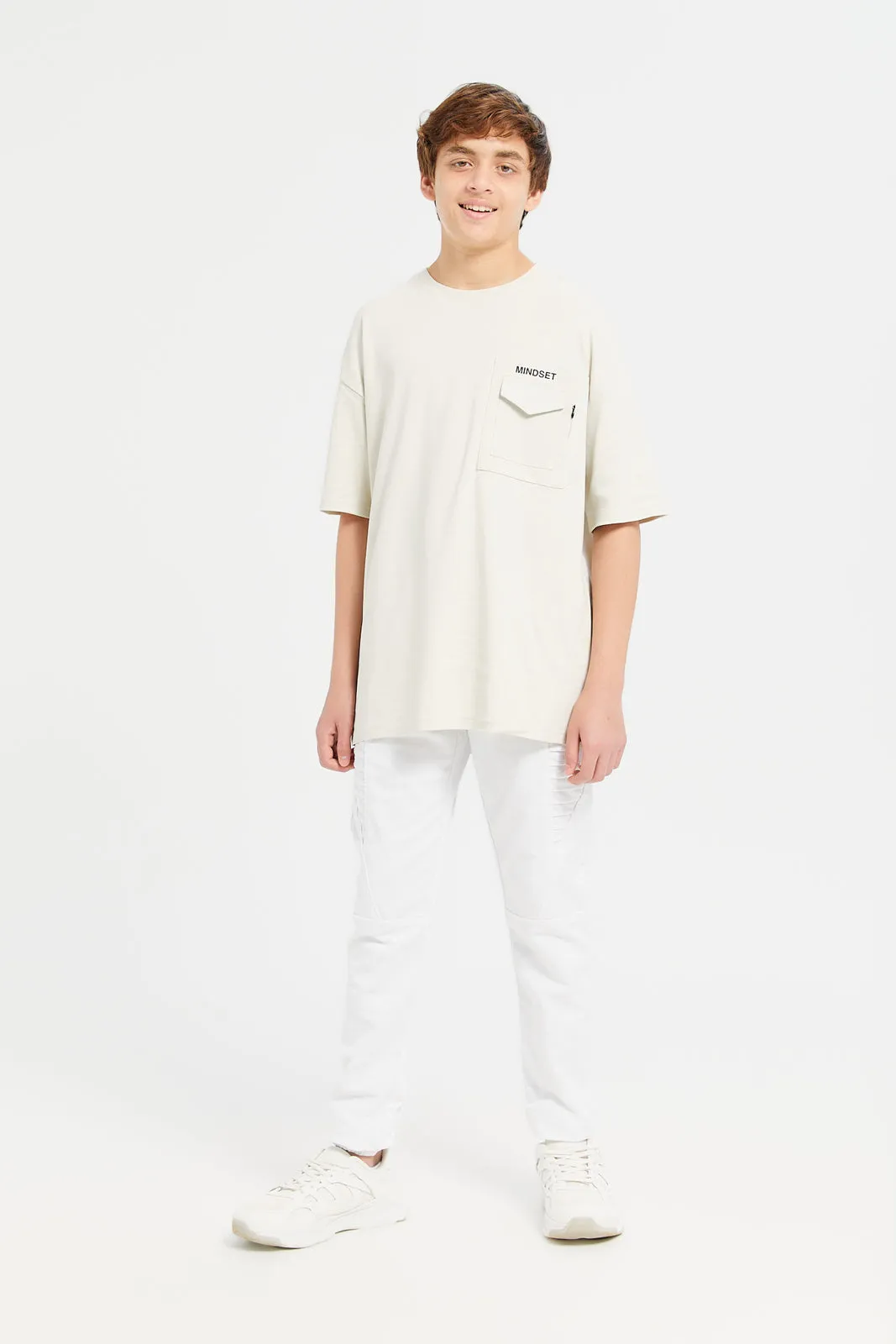 Beige Mindset Oversize Tee With Zip Pocket