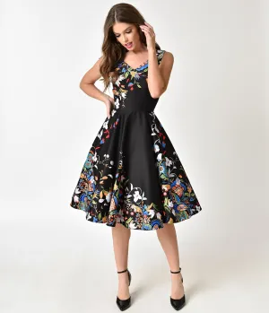 Black Double Border Floral Print Cotton Swing Dress