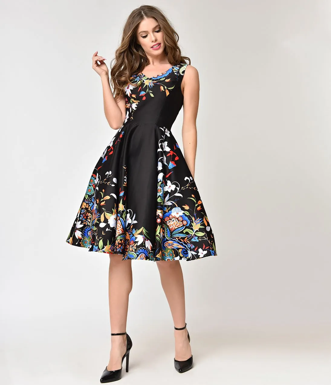 Black Double Border Floral Print Cotton Swing Dress