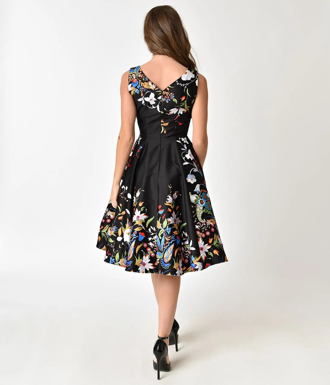 Black Double Border Floral Print Cotton Swing Dress