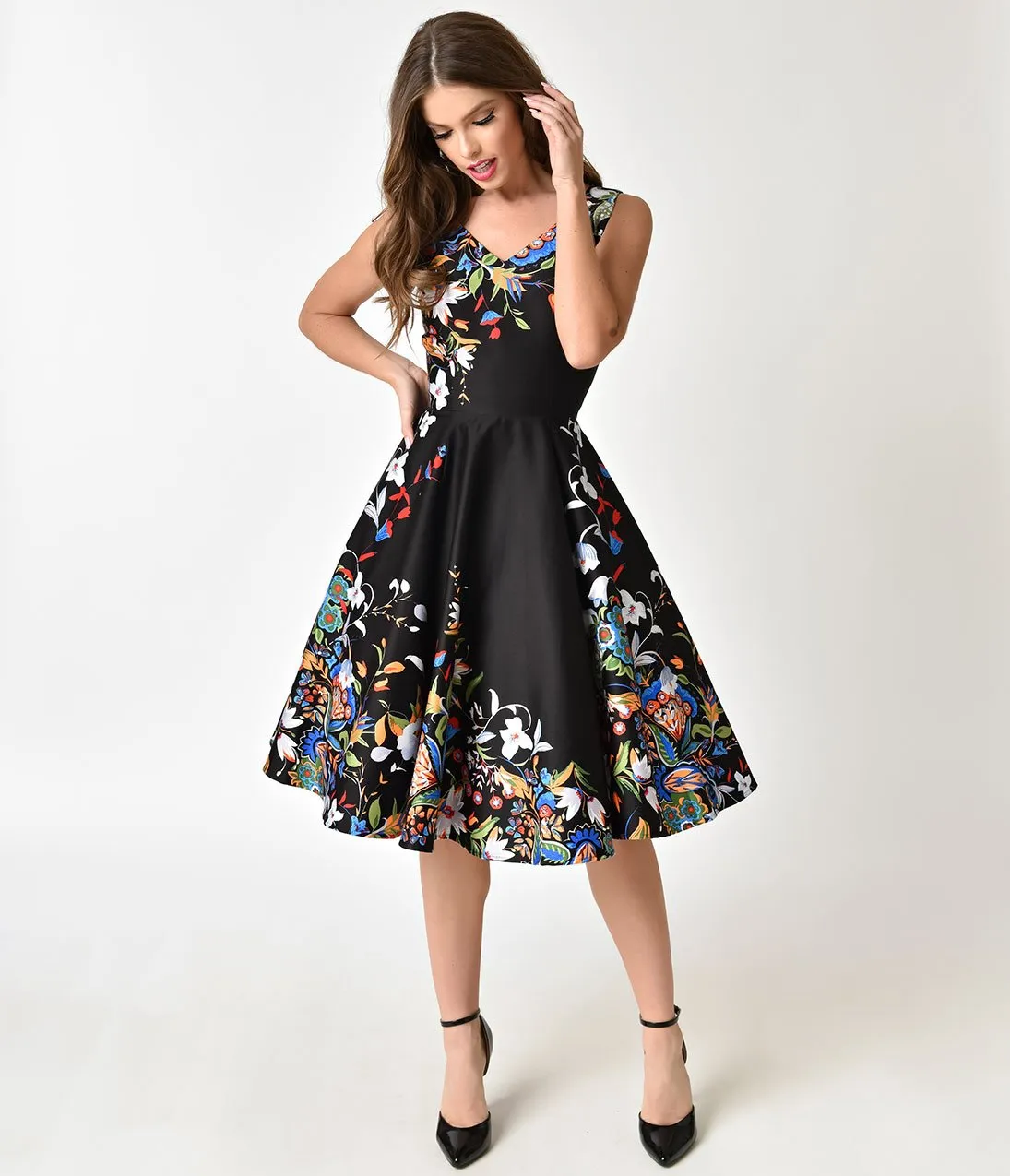 Black Double Border Floral Print Cotton Swing Dress