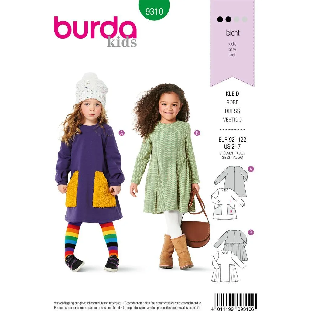 Burda Style Pattern B9310 Children's Dress, Pull-On with Partially Pleated Skirt or Feature Pockets