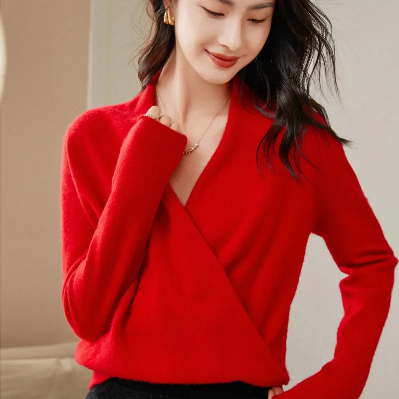 Cashmere Cross V-neck Cashmere Sweater Slim Top Bottoming Sweater