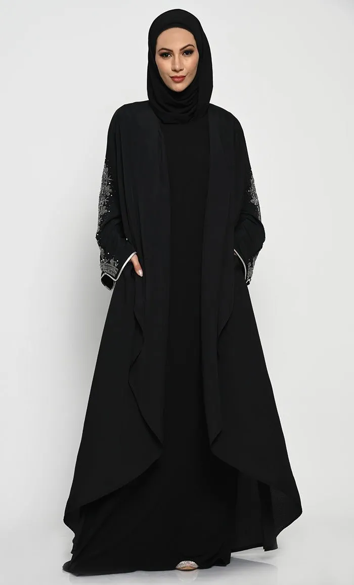 Chic Layered Crepe Abaya with Embroidered Bell Sleeves and Sleeveless Inner