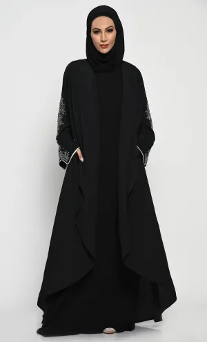 Chic Layered Crepe Abaya with Embroidered Bell Sleeves and Sleeveless Inner