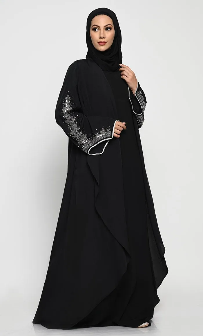 Chic Layered Crepe Abaya with Embroidered Bell Sleeves and Sleeveless Inner