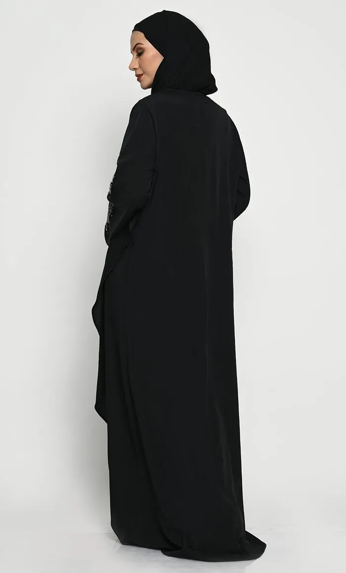 Chic Layered Crepe Abaya with Embroidered Bell Sleeves and Sleeveless Inner