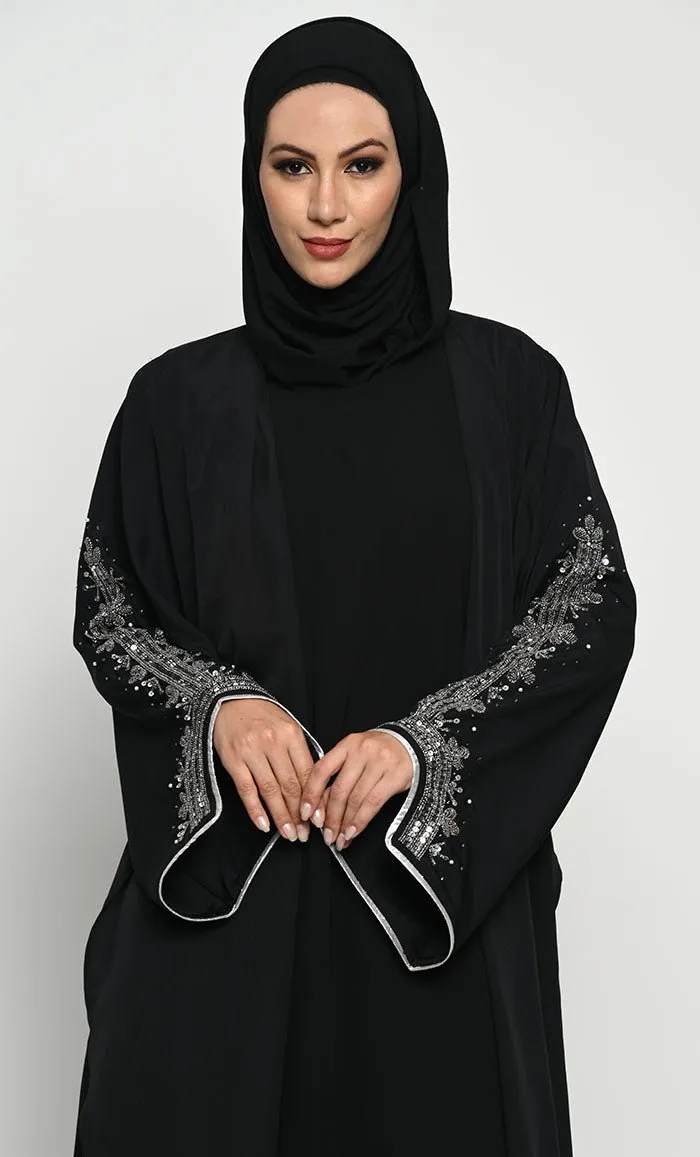 Chic Layered Crepe Abaya with Embroidered Bell Sleeves and Sleeveless Inner