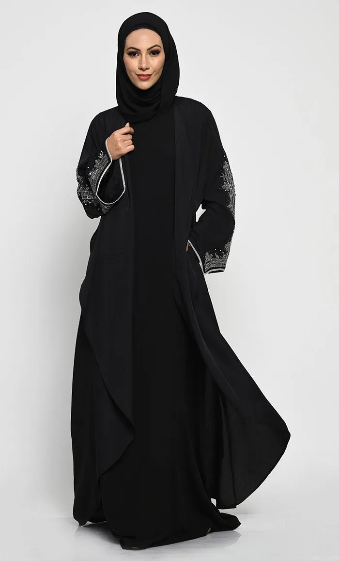 Chic Layered Crepe Abaya with Embroidered Bell Sleeves and Sleeveless Inner