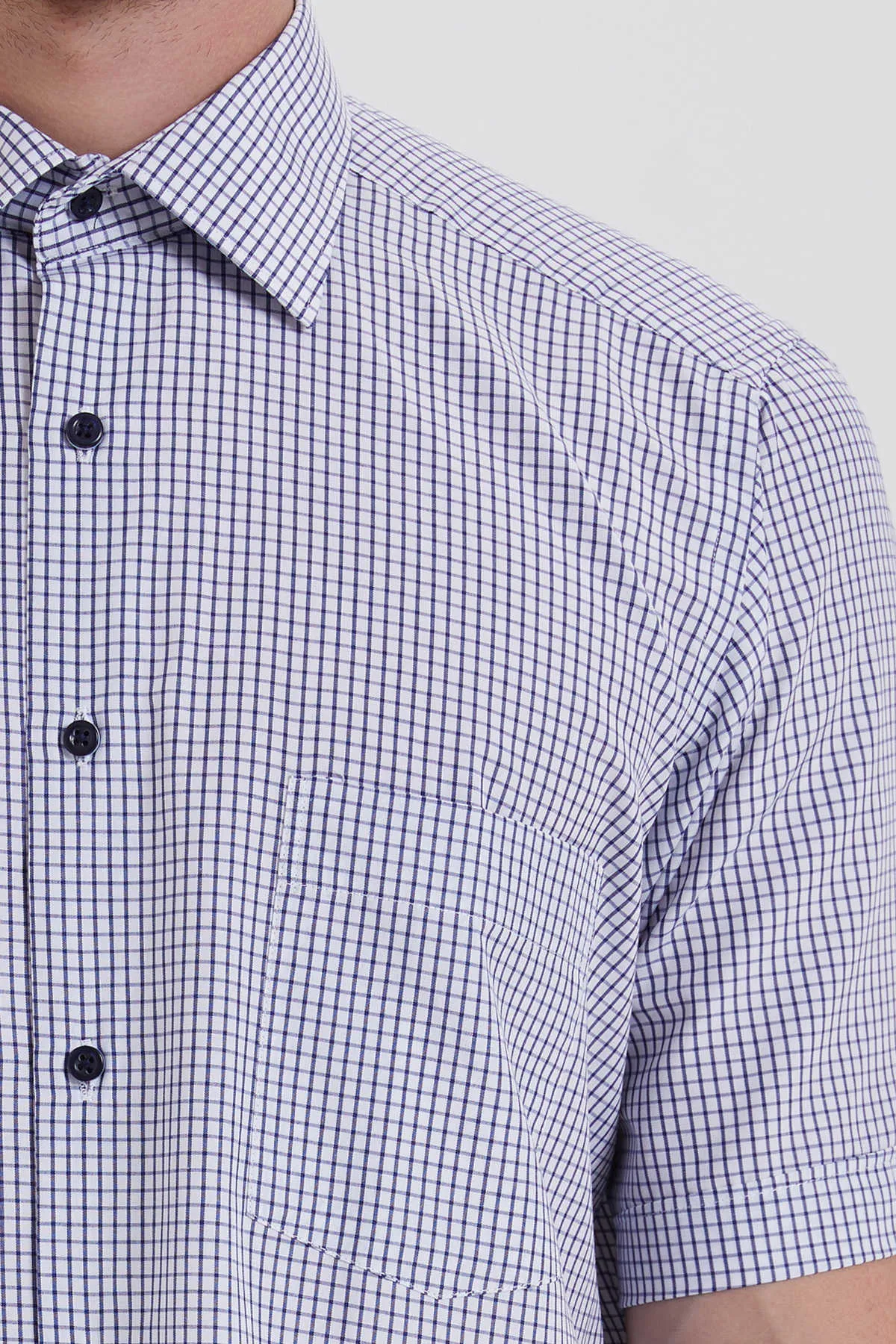 Classic Fit Short Sleeve Checked Cotton Blend Dress Shirt, Navy K.