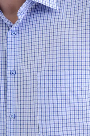 Classic Fit Tattersall Plaid Cotton Blend Blue Dress Shirt