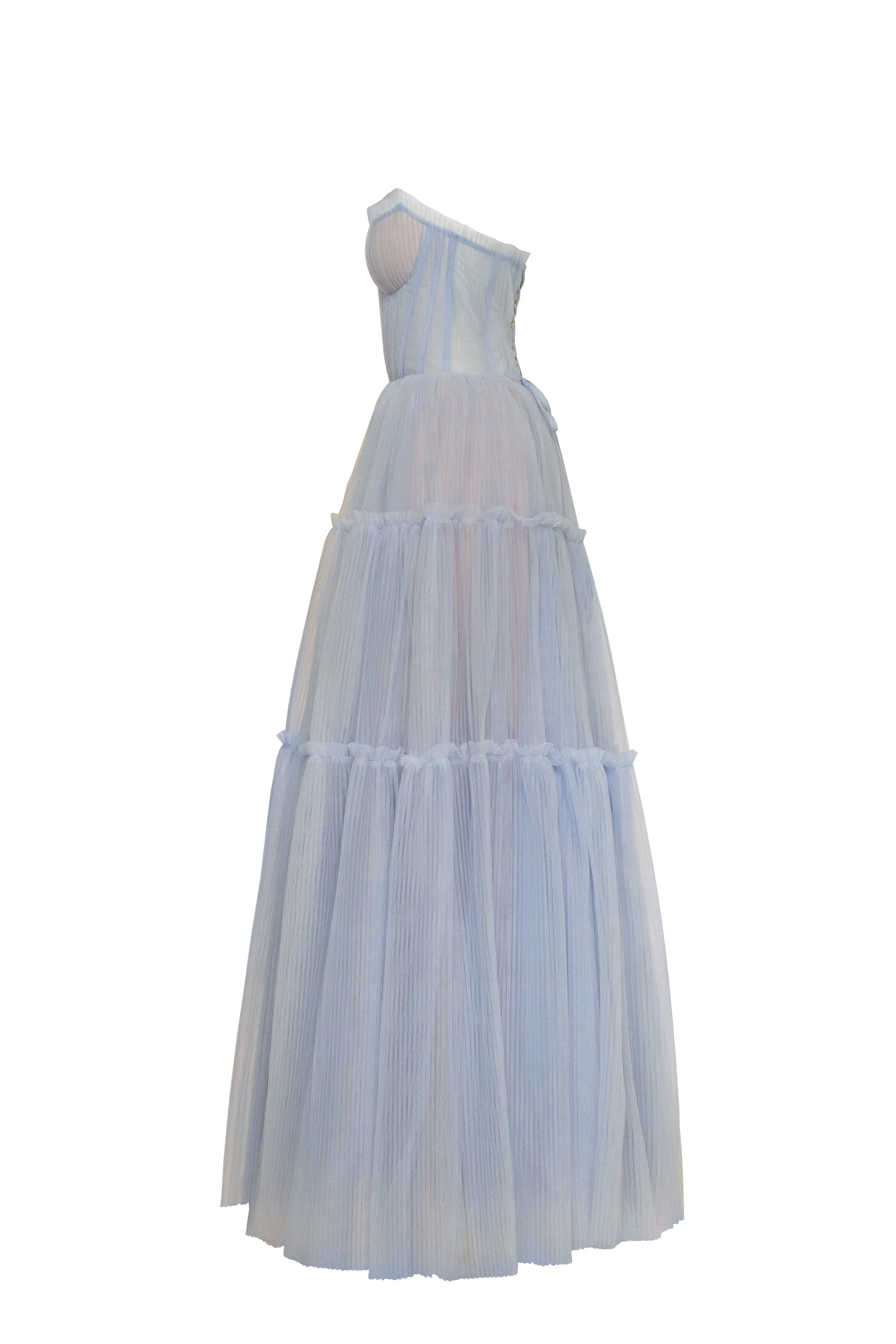 Cloudy blue tulle maxi dress with ruffled skirt, Garden of Eden