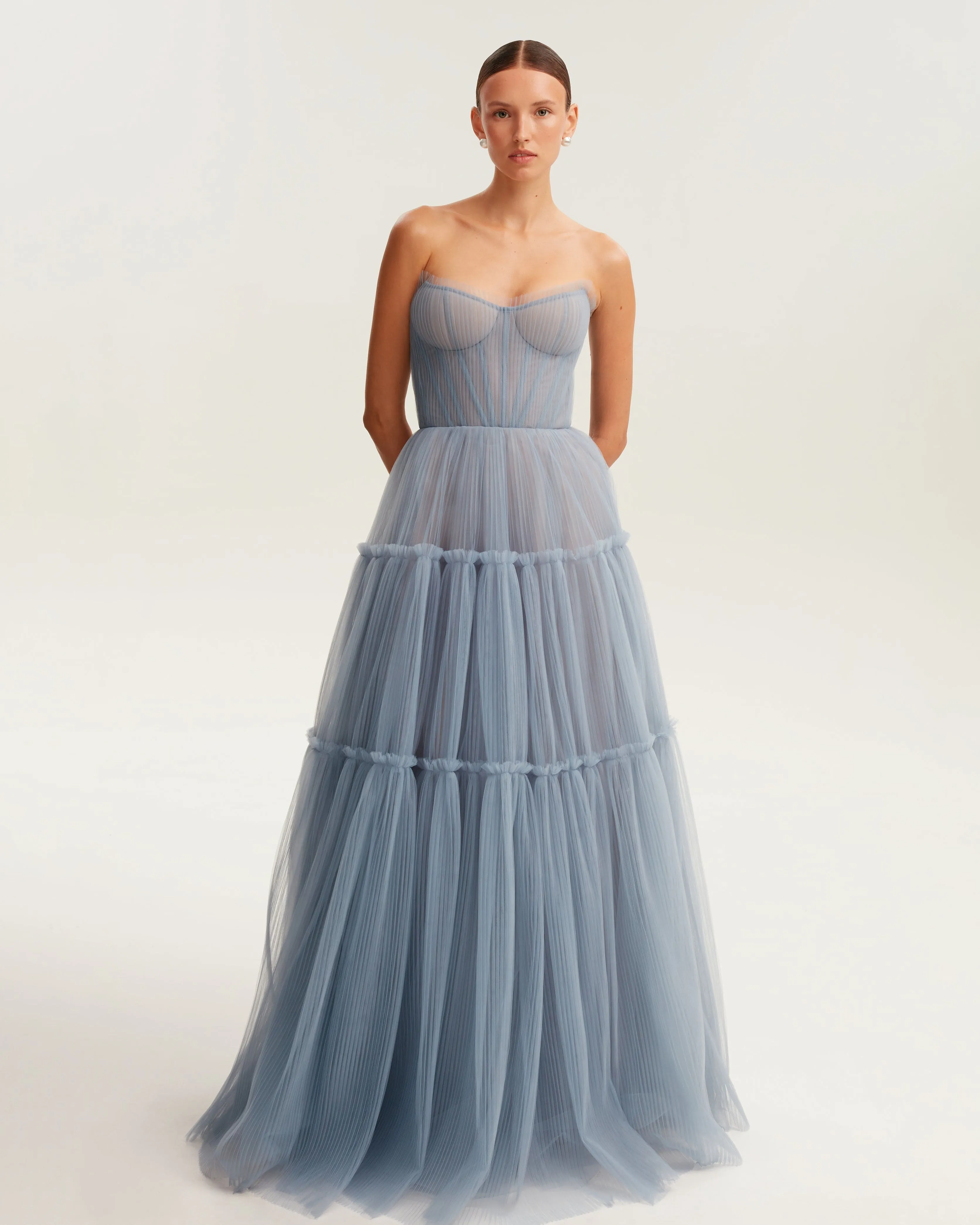 Cloudy blue tulle maxi dress with ruffled skirt, Garden of Eden