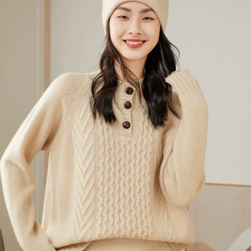 Collar Buttoned Pullover Sweater Thickened Half Turtleneck Cashmere Sweater