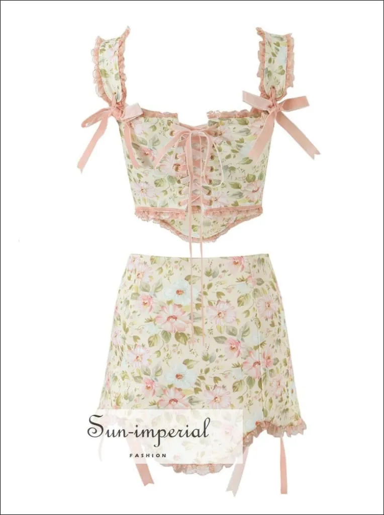 Creamy Floral Print Asymmetric Mini Skirt Tow Piece Skirt Set With Bow Tie And Lace Detail