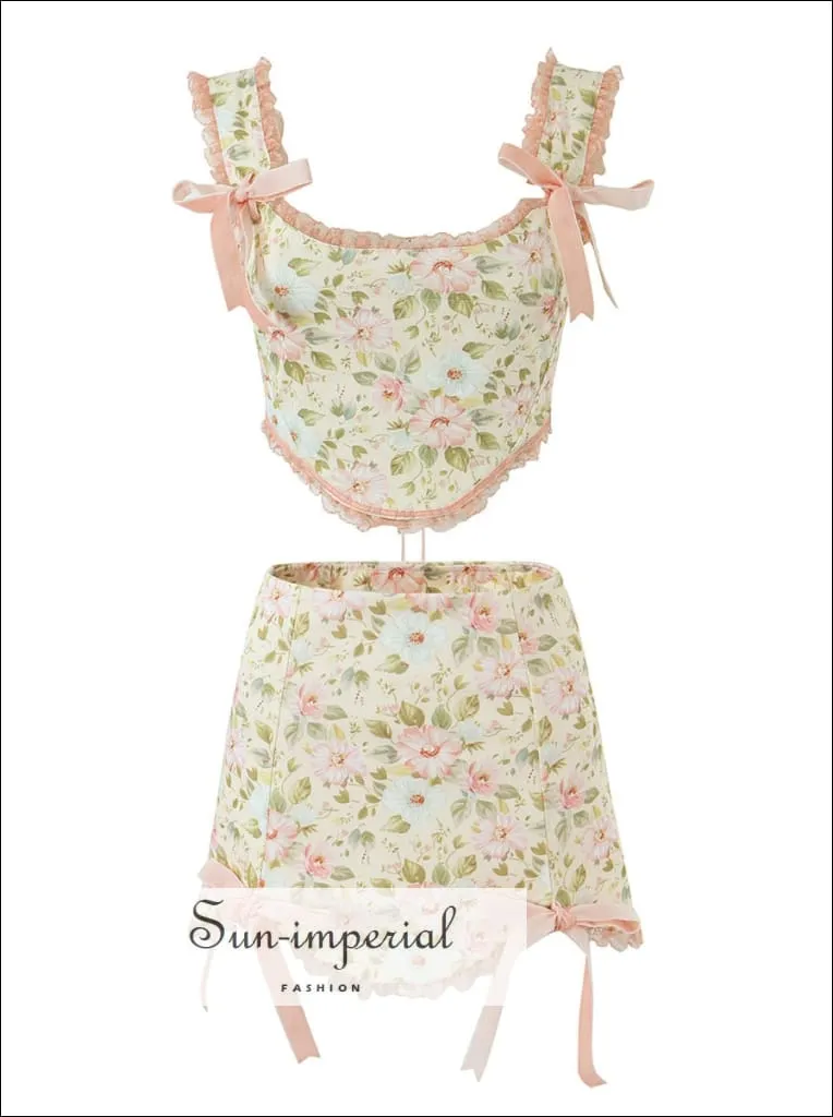 Creamy Floral Print Asymmetric Mini Skirt Tow Piece Skirt Set With Bow Tie And Lace Detail