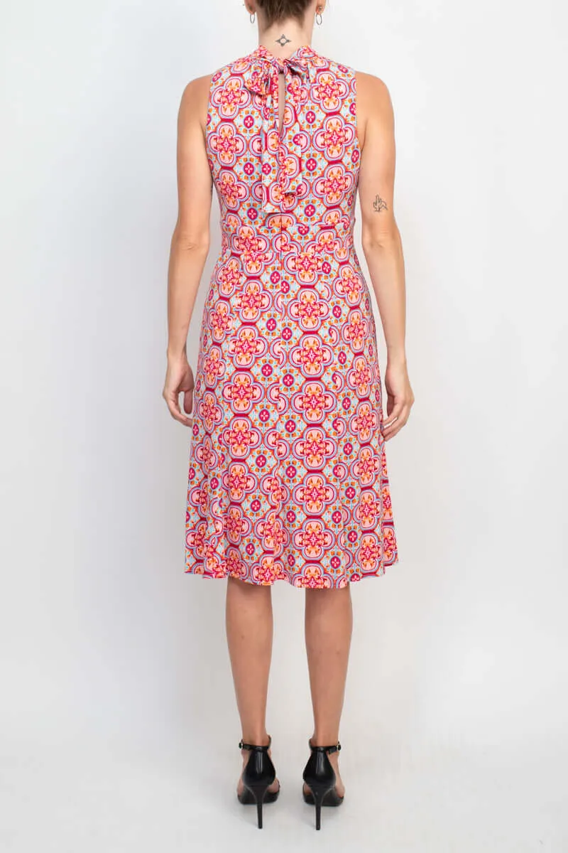 Donna Morgan Ruched High Neck Sleeveless Tie Back Multi Print Jersey Dress