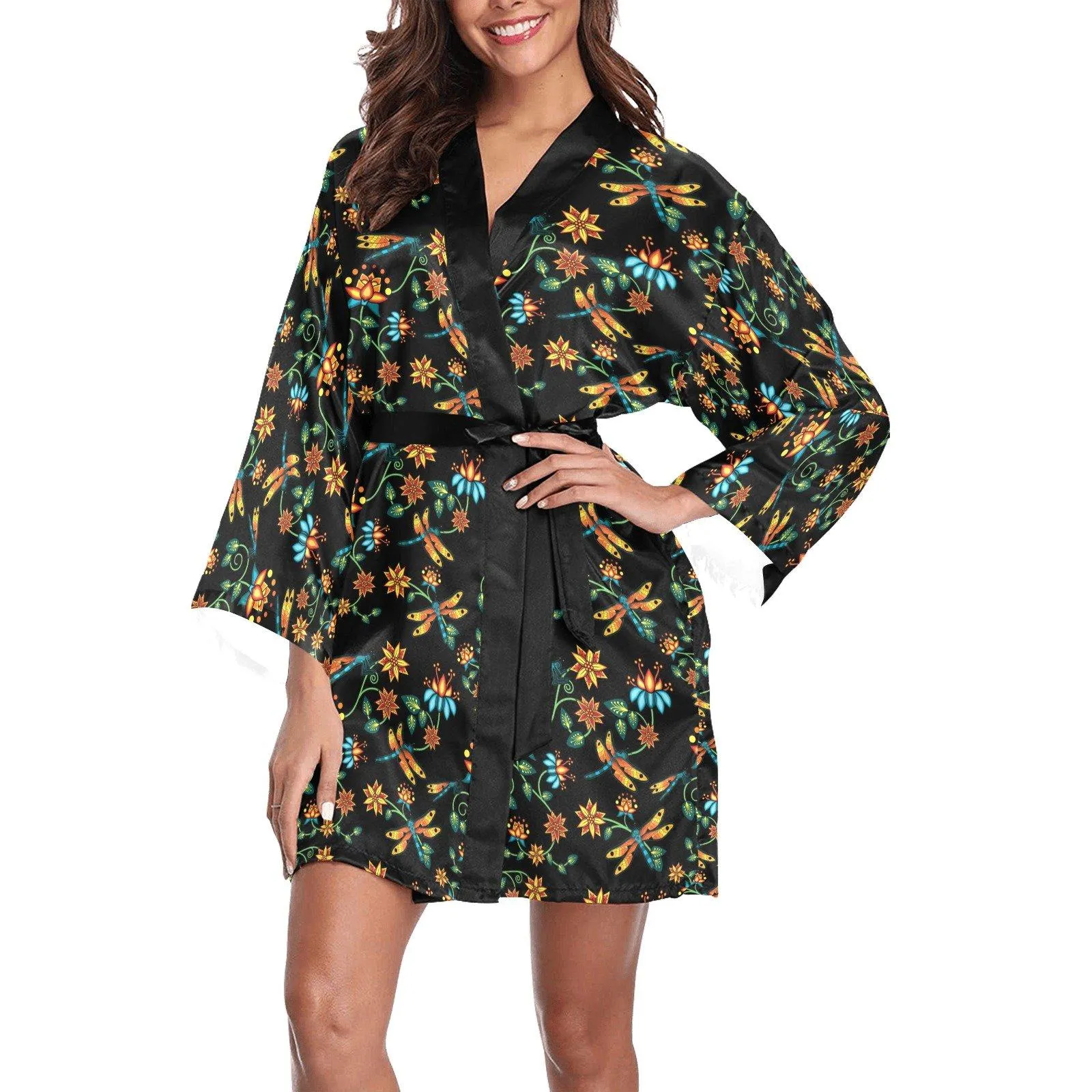 Dragon Lily Noir Long Sleeve Satin Robe