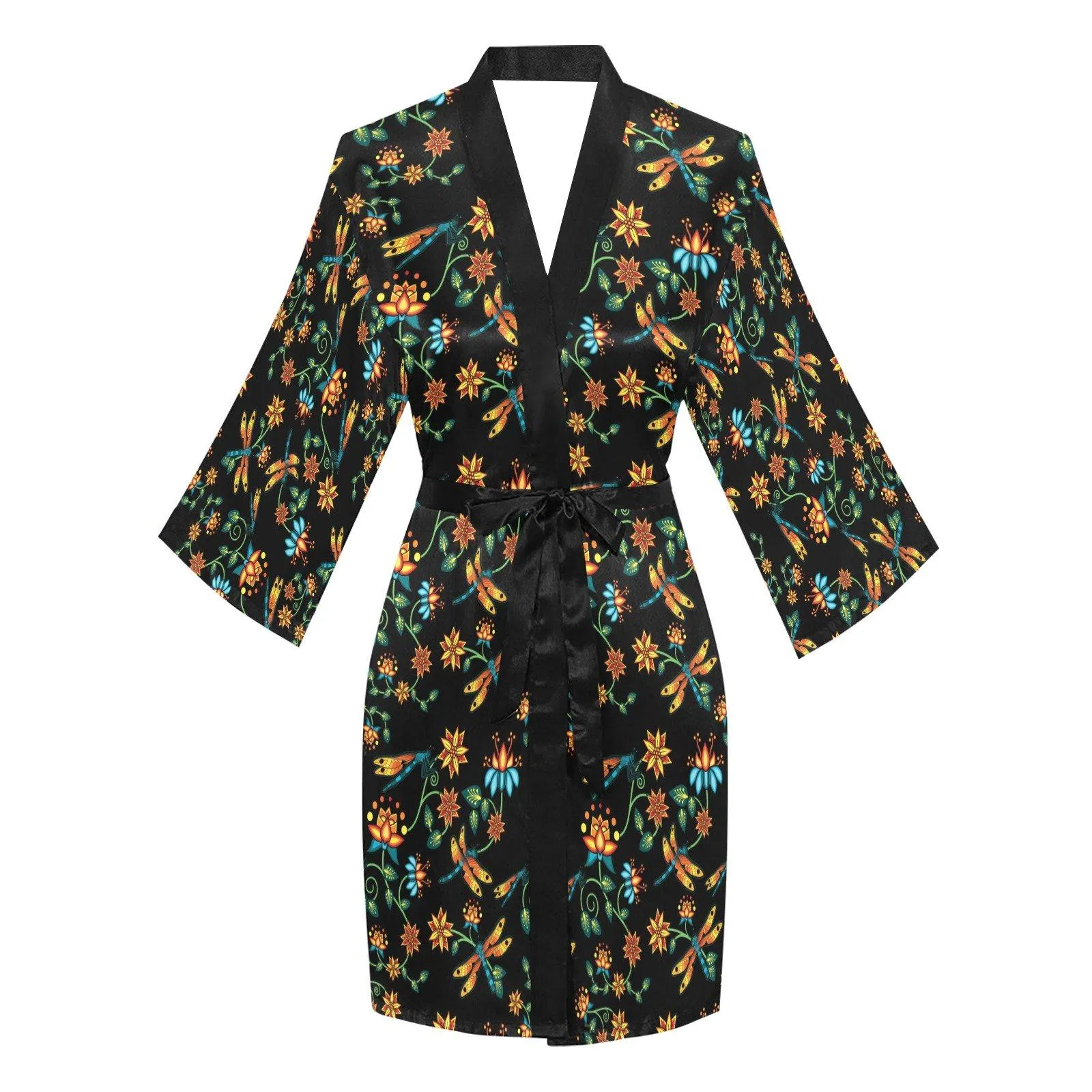 Dragon Lily Noir Long Sleeve Satin Robe