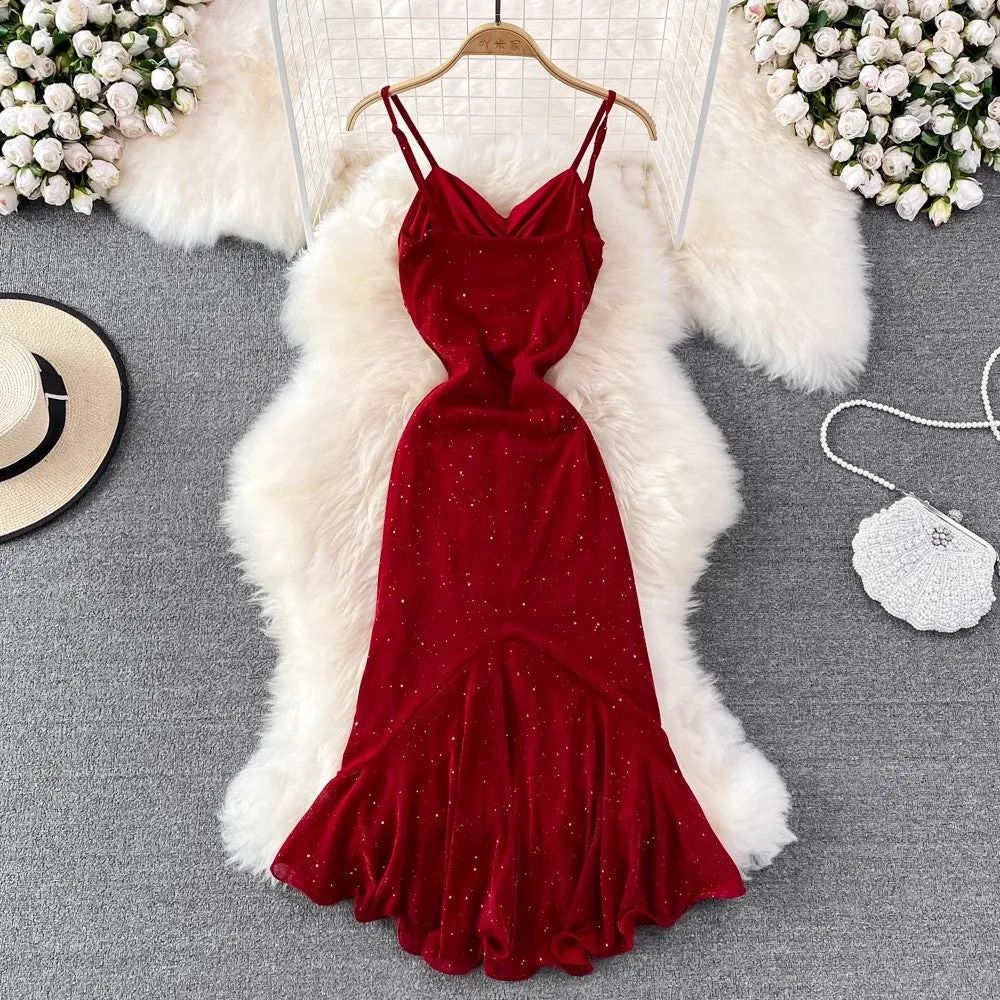 Fashionable sparkling glitter suspender backless sleeveless dress    S4276