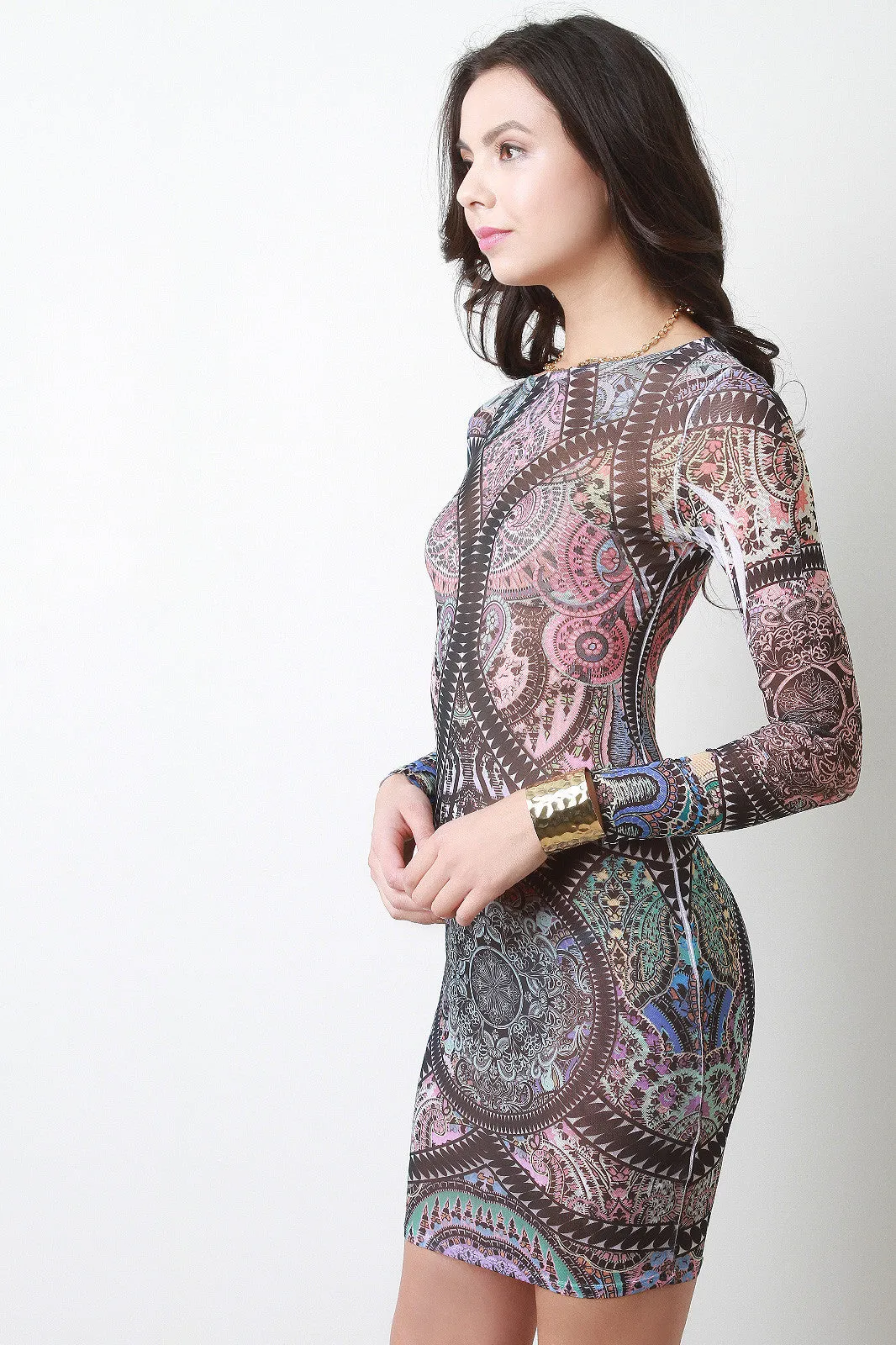 Geo Tribal Semi-Sheer Mesh Longsleeve Dress