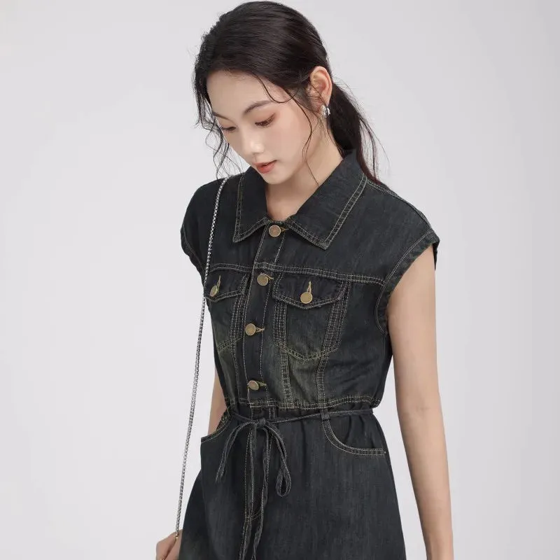 Girlary Retro Polo Collar Denim Dress Women'S Hong Kong Style Sleeveless Single Breasted Temperament Waist Tie Up Mid Length Washed Deni