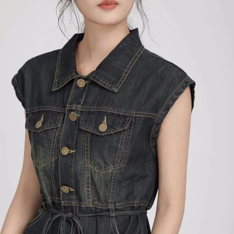 Girlary Retro Polo Collar Denim Dress Women'S Hong Kong Style Sleeveless Single Breasted Temperament Waist Tie Up Mid Length Washed Deni