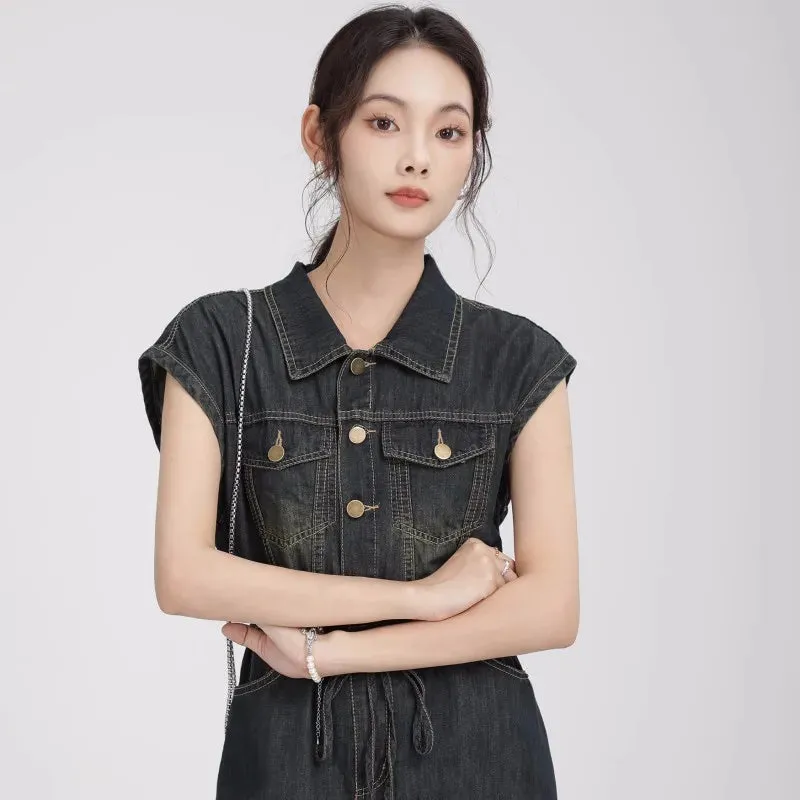 Girlary Retro Polo Collar Denim Dress Women'S Hong Kong Style Sleeveless Single Breasted Temperament Waist Tie Up Mid Length Washed Deni