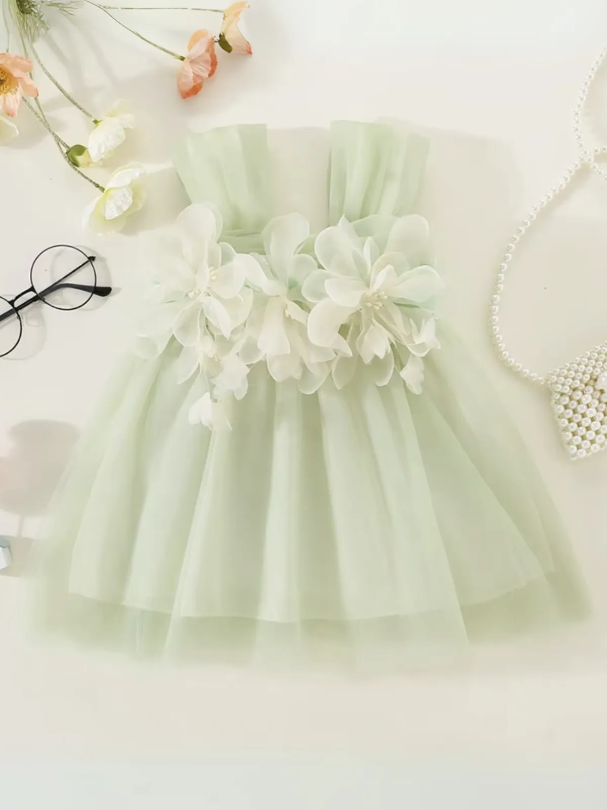 Girls Elegant Floral Tulle Sleeveless Party Dress